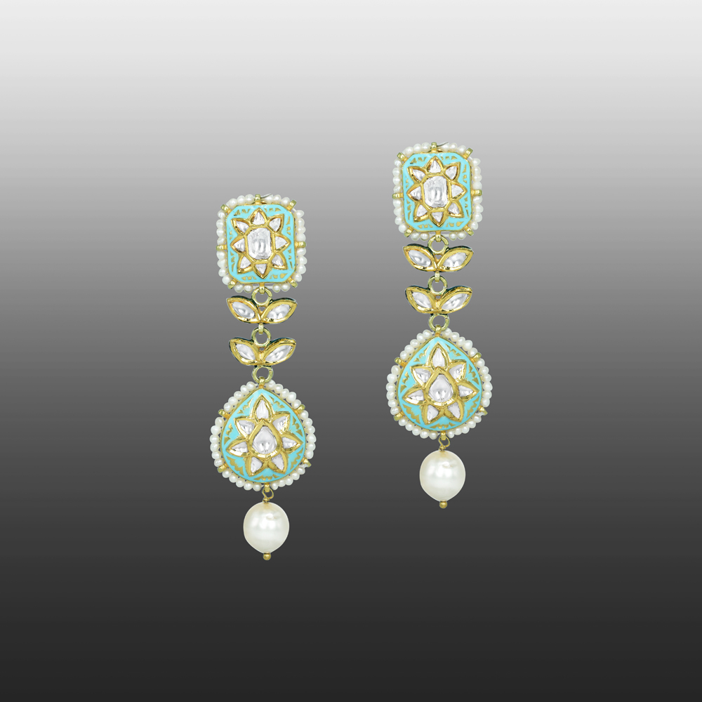 Square and Teardrop Polki Earrings with Turquoise Enamel and Pearl Drop